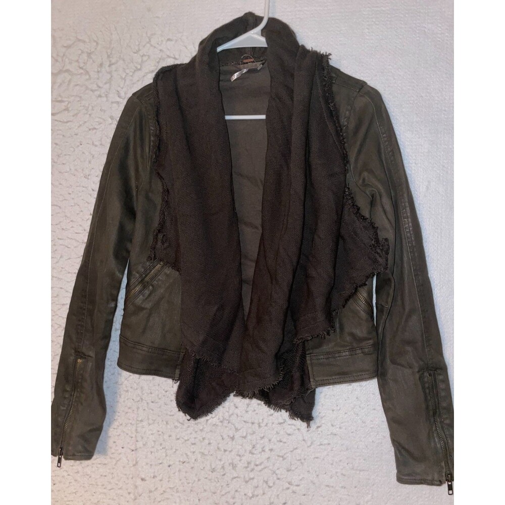 Free People Military Green Cotton Draped Front Coated Moto Jacket Women's Sz 2